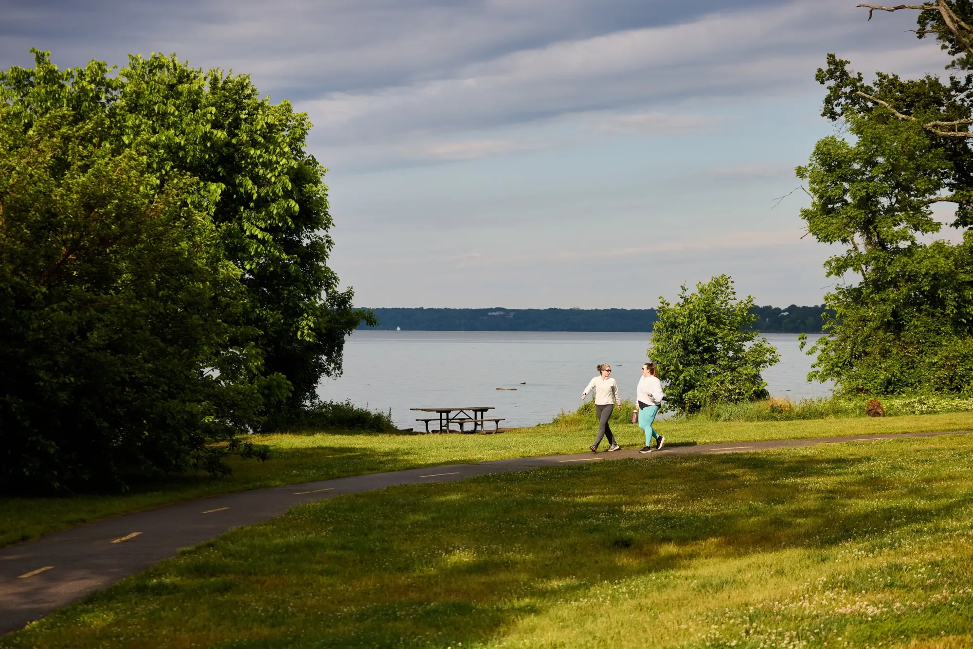 Two people walking lakeside in a park