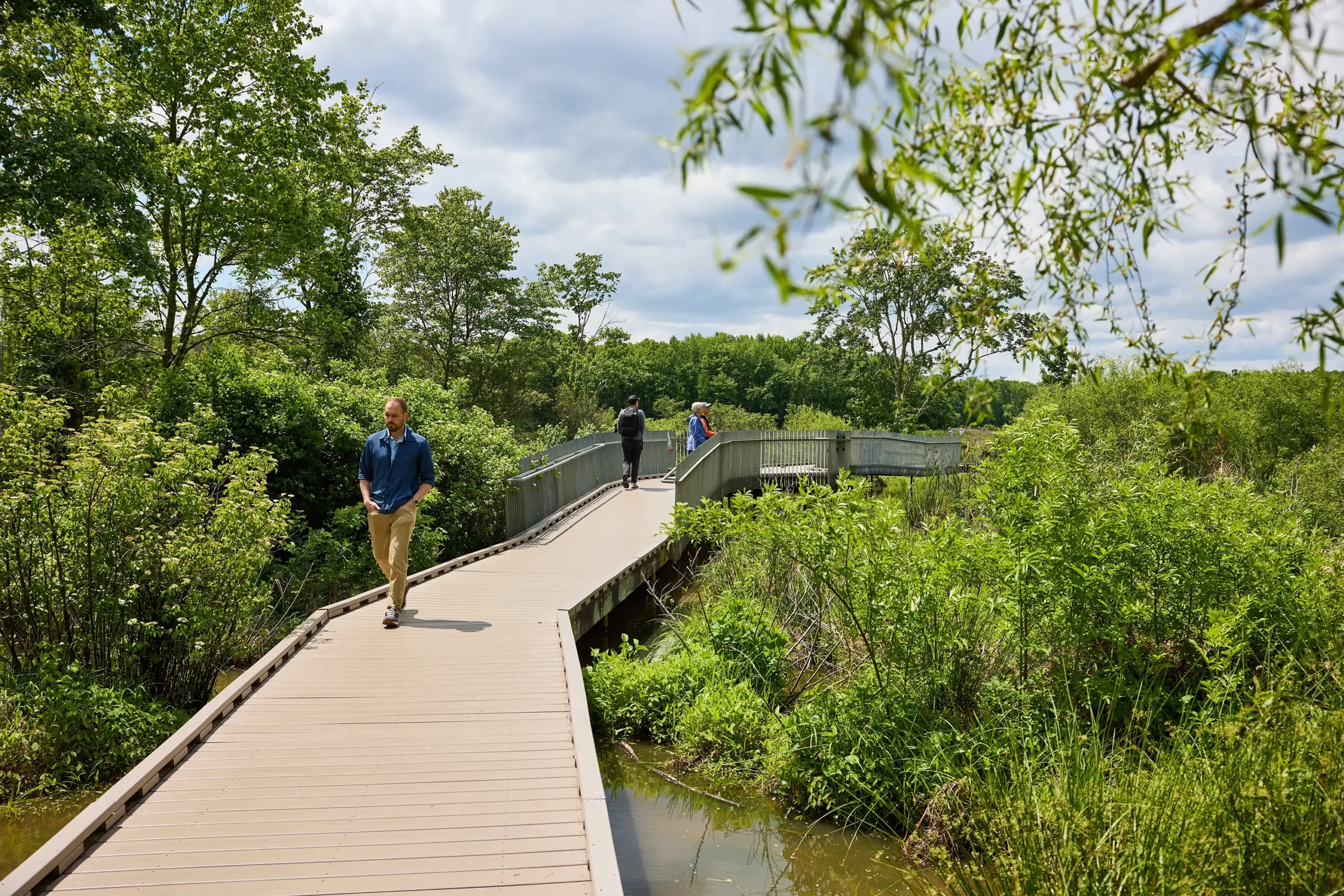 People walking along a boardwalk
