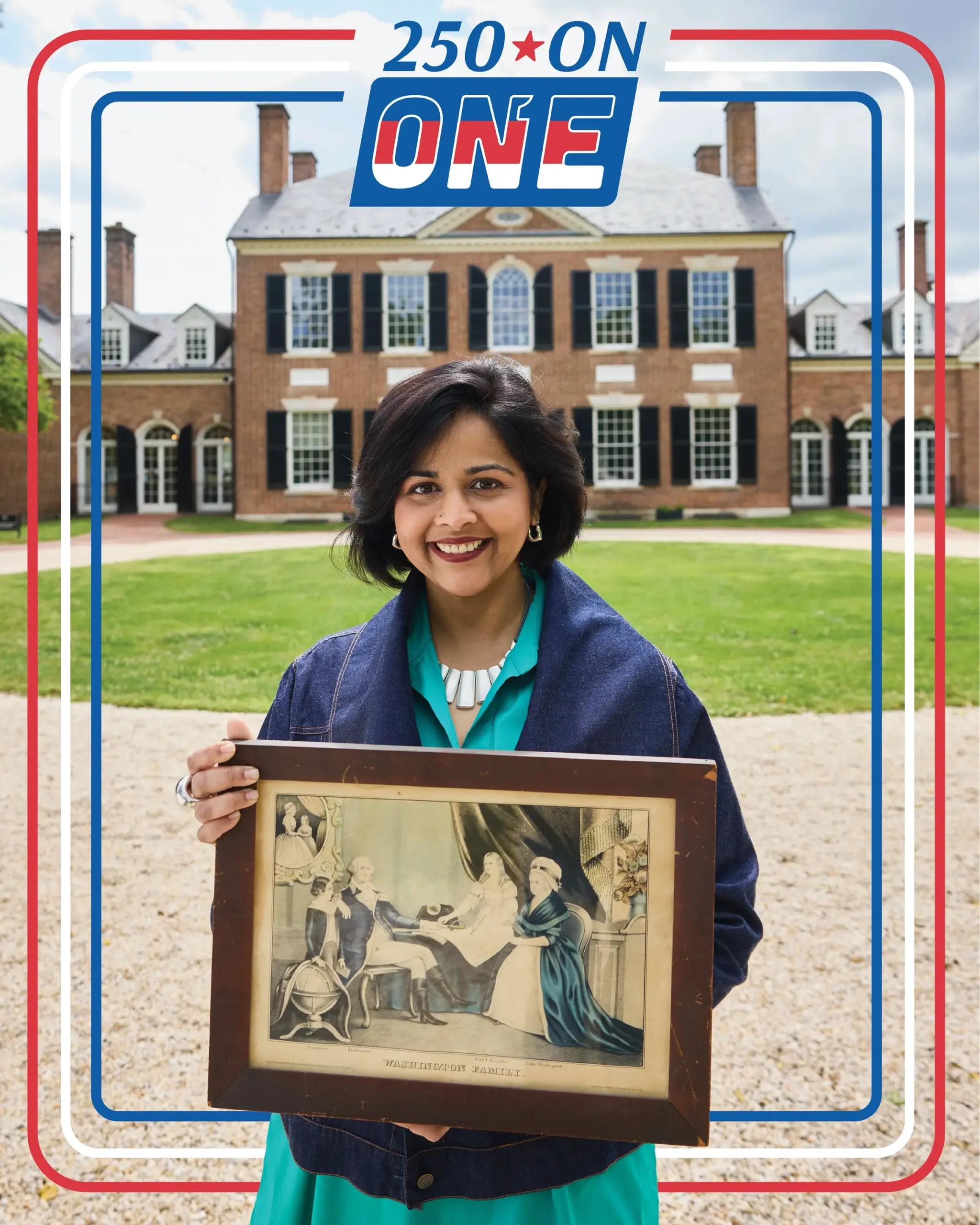 A woman holding a framed photo at Woodlawn